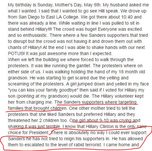 NaphiSoc's tweet photo. A woman from LA: I could NEVER support @SenSanders for allowing supporters to escalate to the level of TERRORISTS https://t.co/gS9s4GlNv9