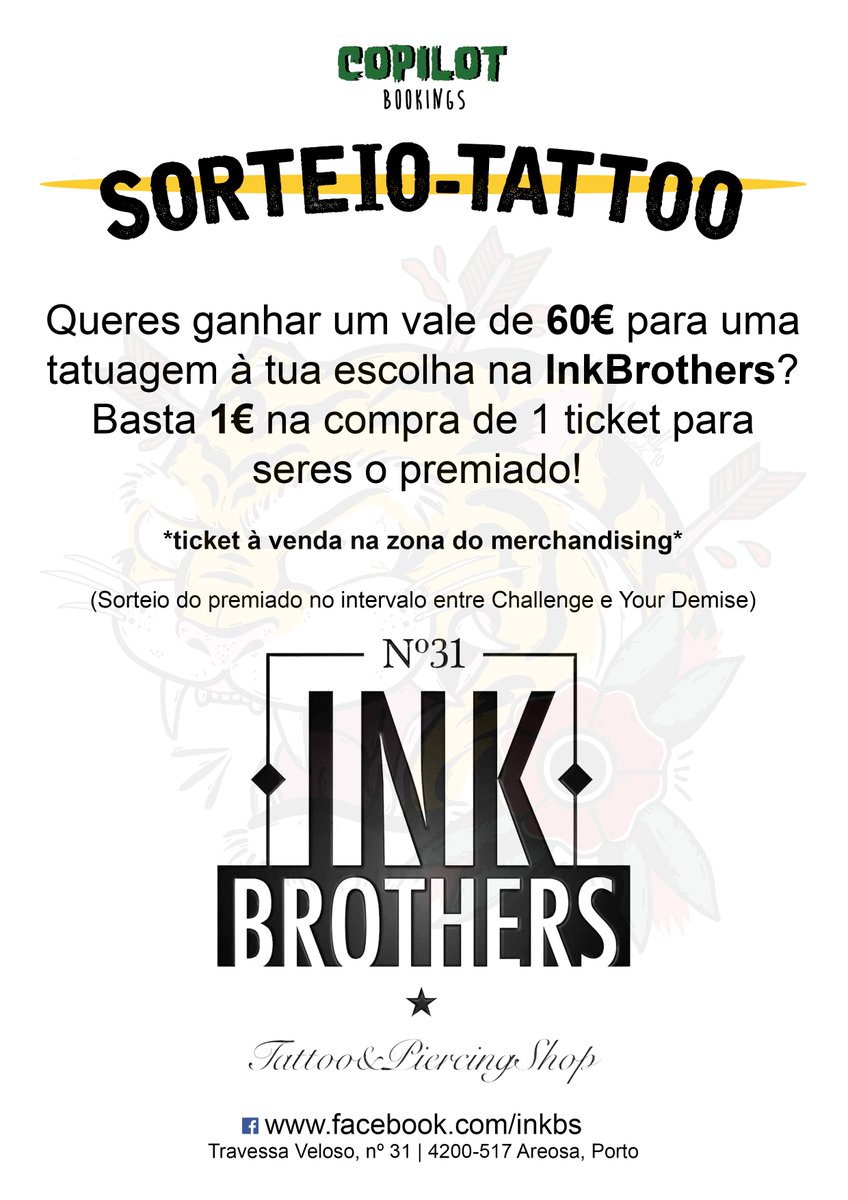 CopilotBookings's tweet photo. #tattoo raffle! 18th JUNE @ #PORTO #PT
#livemusic #punkhardcore https://t.co/vRw15Thb62