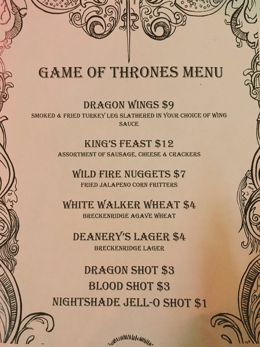 NerdRiotEvents's tweet photo. It's almost #GameofThrones show time at Stoney's. Come stuff your face with the Throney #menu! https://t.co/7XMsrFhJVJ