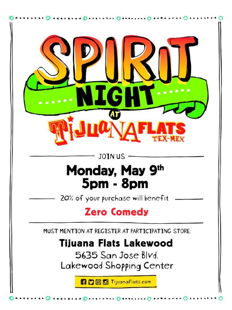 adamftravis's tweet photo. Come to Tijuana flats on San Jose Blvd anytime from 5-8 to support @ZeroComedy https://t.co/ECZSPNwMau