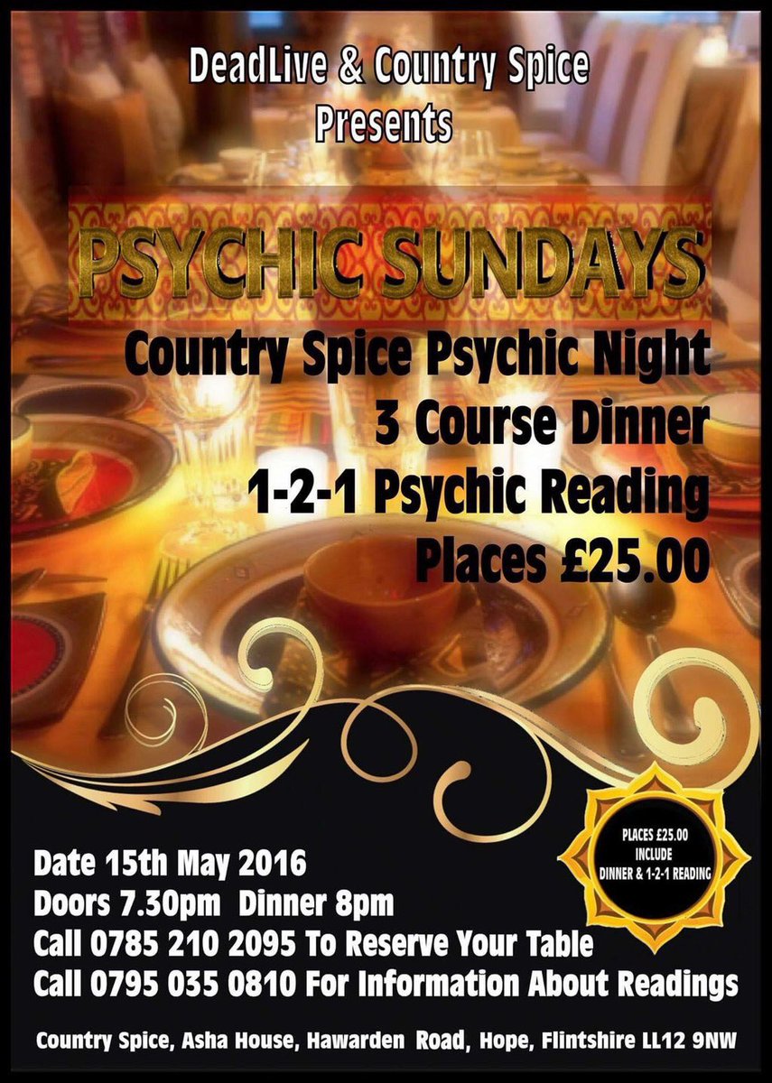 therealtazmahal's tweet photo. This #sundaynight with @DeadLiveWales #privatereading & #3coursemeal #ยฃ25 few tickets still available #psychicnight https://t.co/lx1XsxTX8o