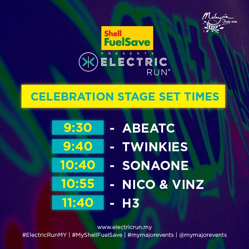 electricrunmy's tweet photo. Here's your Finish Line Celebration set times for today!
#ElectricRunMY #MyShellFuelSave #mymajorevents https://t.co/R4dgdRvG6u