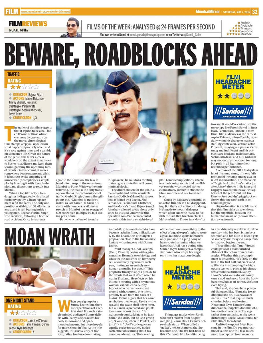 Skip the multiplex today:
One Night Stand review : mumbaimirror.com/entertainment/…
Traffic review : mumbaimirror.com/entertainment/…