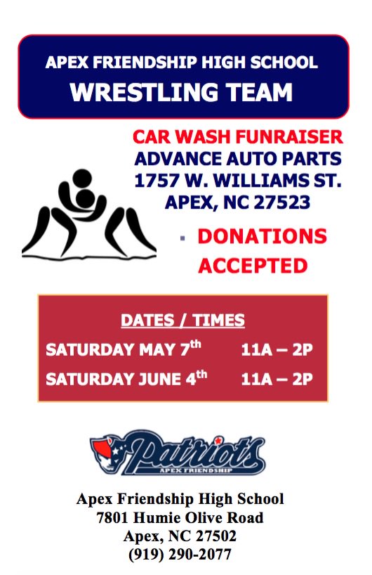geadnc1's tweet photo. Patriots Wrestling Team Car Wash Tomorrow 11-2 at Advanced Auto Parts on HWY 55 next to Food Lion. https://t.co/0CDWUxA1X5
