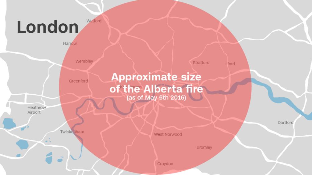 CNN's tweet photo. How big is the Fort McMurray wildfire? The #ymmfire's size compared to London, NYC &amp; Toronto https://t.co/gUas3XLBYW https://t.co/N04gSpWtca