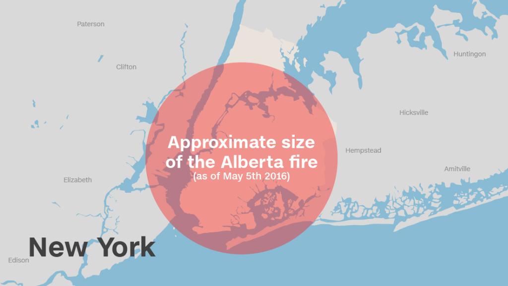 CNN's tweet photo. How big is the Fort McMurray wildfire? The #ymmfire's size compared to London, NYC &amp; Toronto https://t.co/gUas3XLBYW https://t.co/N04gSpWtca