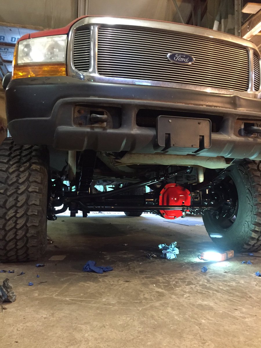 kendallharness's tweet photo. Front end is in one piece again! Not ready to drive yet but really close! #TheRig #MonsterRed https://t.co/WXP8NncB9X