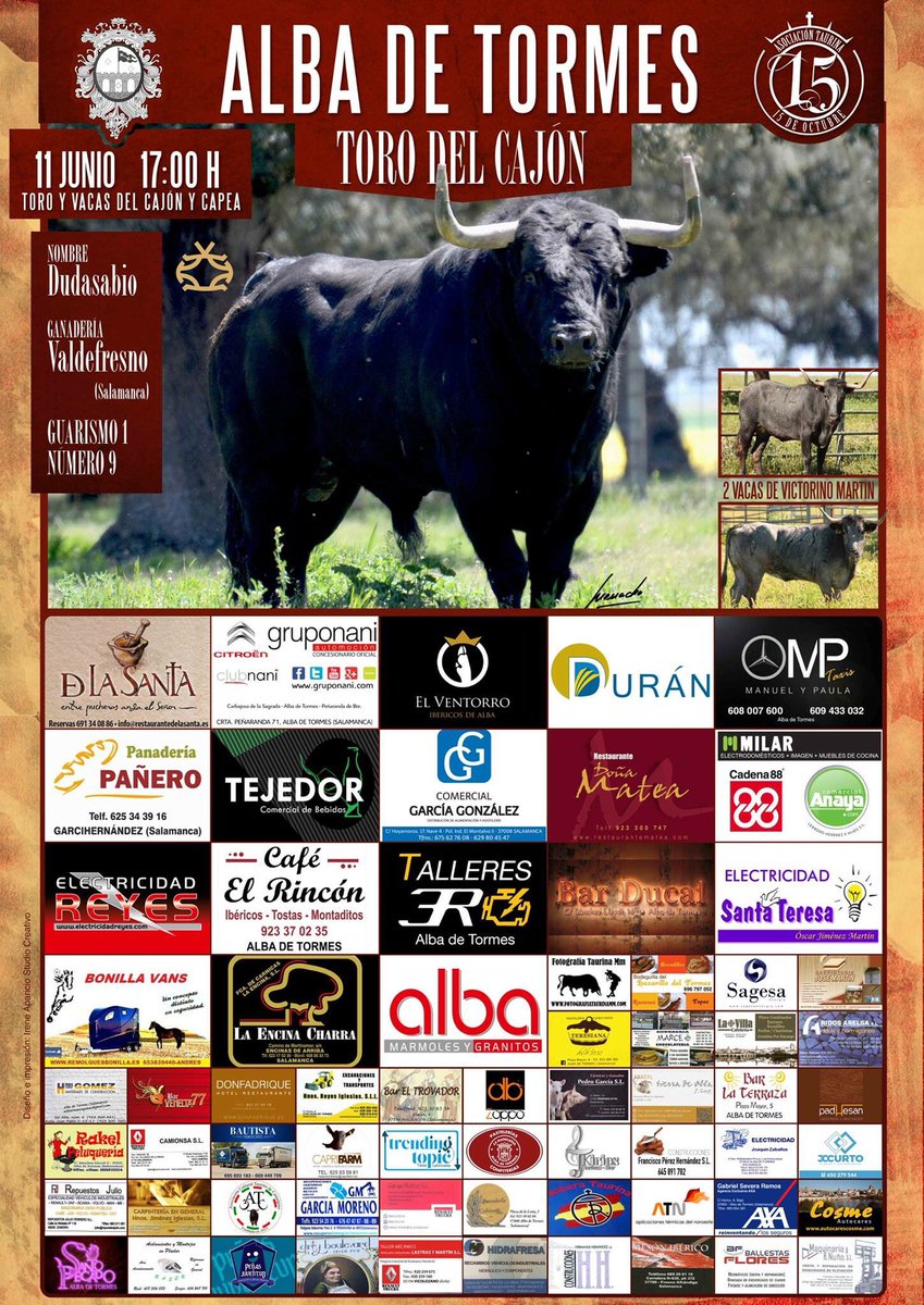 AT_15_Octubre's tweet photo. CARTEL OFICIAL | 11 de junio, Alba de Tormes (Salamanca), 17h. Valdefresno y @victorinotoros ESPECTÁCULO SERVIDO https://t.co/NflwaHzWQ1