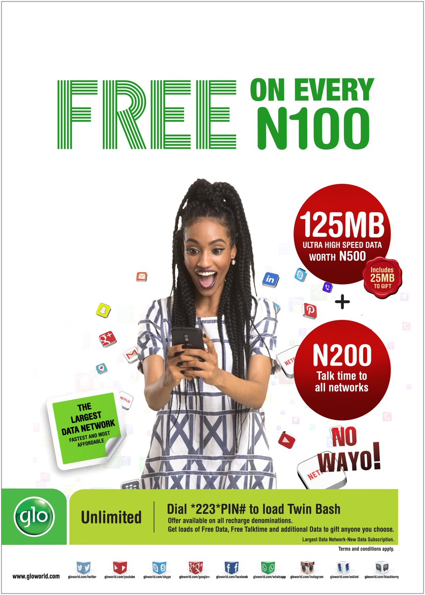 GloCare's tweet photo. Do u know why it’s called #GloTwinBash? Dial *223*PIN# to find out @aphrodija #DoubleBonus #BonusData #BonusTalktime https://t.co/SEjXEdhNXc