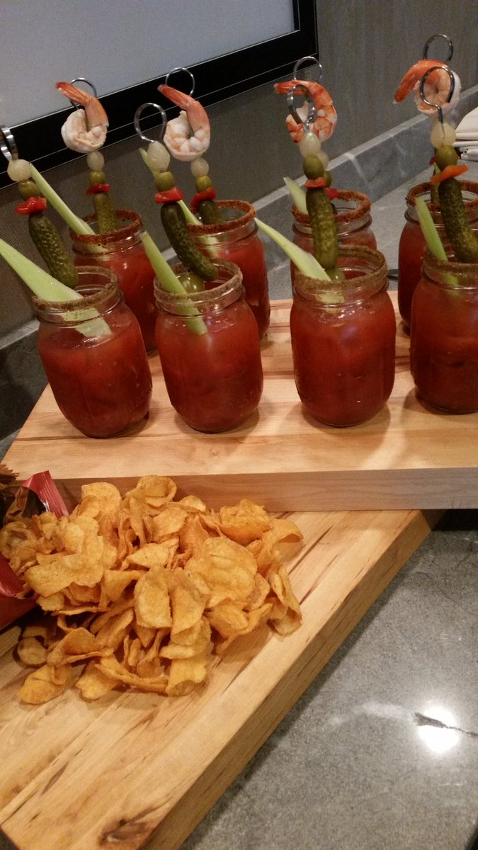 ChefArmetta's tweet image. Bloody Mary potato chips, bacon salted rim n poach shrimp Mary's to start the day