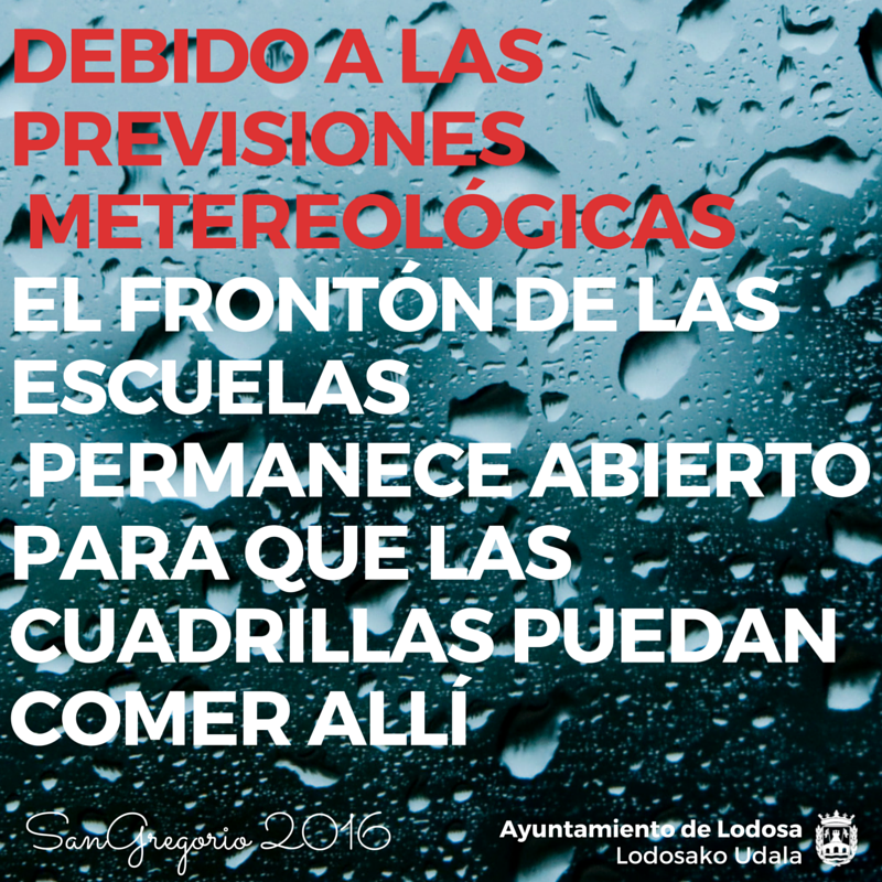 LODOSAinfo's tweet photo. #URGENTE
Se abre el frontón de las escuelas ante la previsión de #lluvia
#sangregorio16 https://t.co/8djz9f93Uh