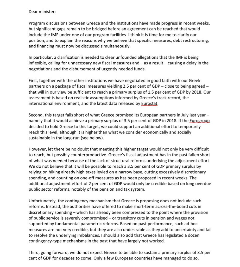 Full text of IMF's <a href="/Lagarde/">Christine Lagarde</a>'s leaked letter to Eurogroup Ministers on #Greece. H/T <a href="/SpiegelPeter/">Peter Spiegel</a>. First part...