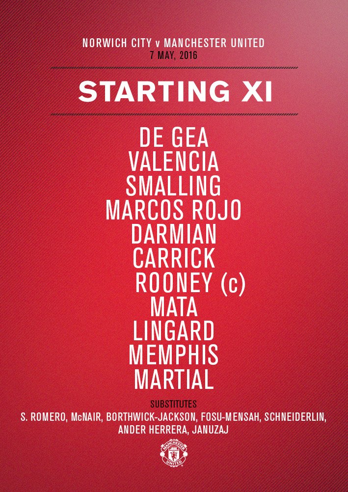 #mufc XI: De Gea; Valencia, Smalling, Rojo, Darmian; Carrick, Rooney; Mata, Lingard, Memphis; Martial.