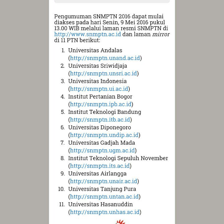 pengumuman snmptn bisa dilihat di(bs utk semua universitas) >>