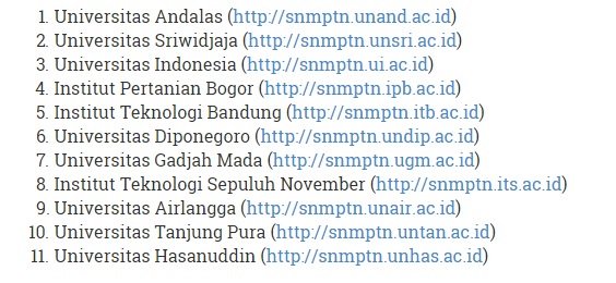 halokampus's tweet photo. Selain di web resmi SNMPTN, pengumuman SNMPTN 2016 juga bisa diakses di laman mirror di 11 PTN berikut https://t.co/wpHGSLvIT3