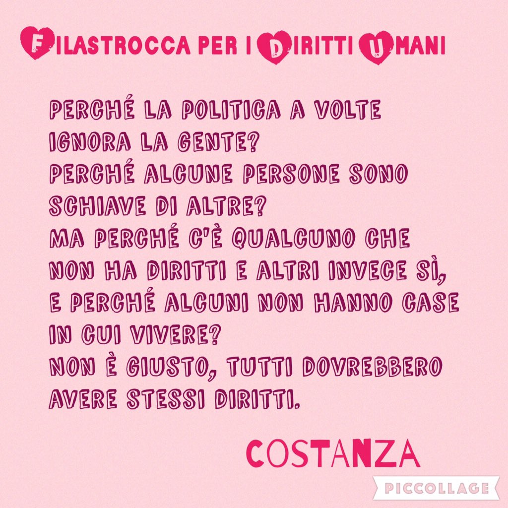 TerzePrimaria's tweet photo. Filastrocca per i diritti umani scritta dai bambini dopo aver letto #ilcamminodeidiritti di @JannaCarioli.
#TwAlbi https://t.co/Kqm9xu7o9a
