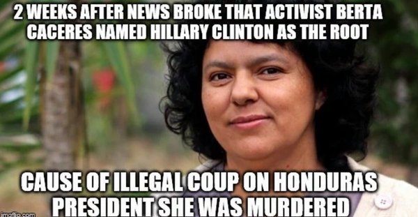 Zacherydtaylor's tweet photo. Before Assassination, Berta Cáceres Singled Out Hillary Clinton for Backing Honduran Coup
https://t.co/qxxUNnfDV1 https://t.co/H51GMgXBvZ