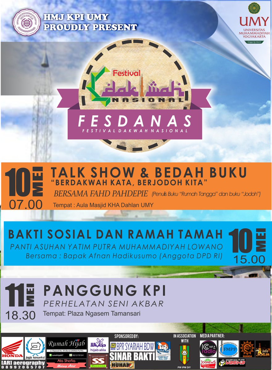 Datang dan saksikan rangkaian acra Festival dakwah Nasional
HTM Talk Show 15k. OtS 25k. Kuota terbatas.