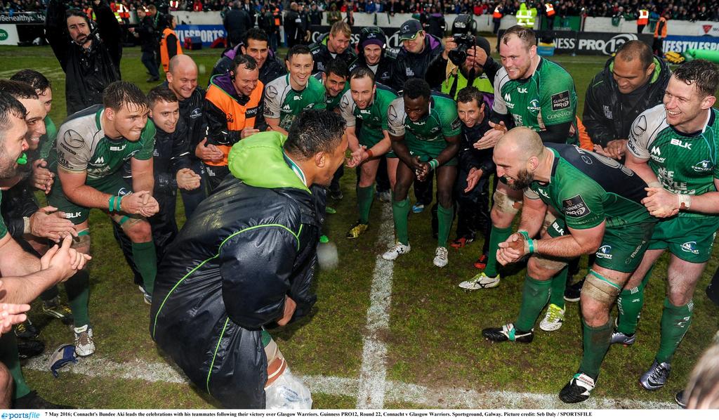 galway_today's tweet photo. Connacht's Bundee Aki leads the celebrations with his teammates following victory over Glasgow. Pic: @sportsfile https://t.co/G5rBBuDwEc