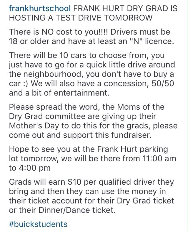 FHdrygrad2016's tweet image. Tomorrow is our Test Drive w/ @BarnesWheatonGM at @FrankHurtSchool parking lot! Come and test drive some cars!