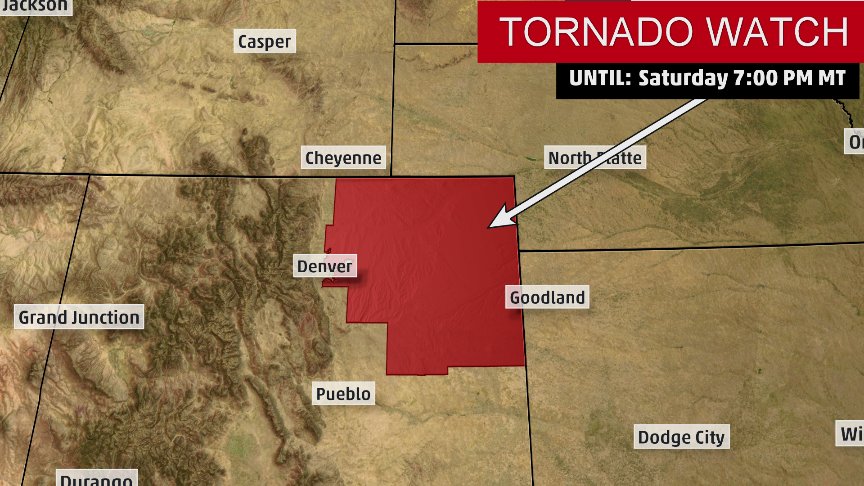 weatherchannel's tweet photo. A Tornado Watch has been issued until 7 PM MDT for northeast Colorado. Denver is included in the watch area. https://t.co/Z8jWHf3nWk
