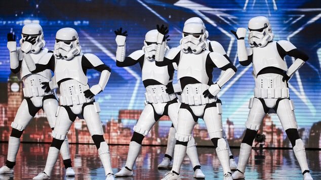 CowellOnline's tweet image. Using The Force ! @SimonCowell presses his Golden Buzzer for dancing storm troopers, Boogie Storm! #BGT