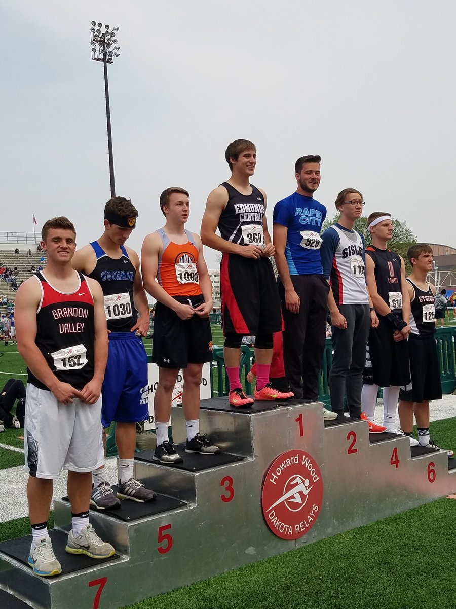 DakotaRelays's tweet photo. The HS Boys 300m hurdle finalists.  The winner is BRYCE MALAM of Edmunds Central HS in a time of 39.23s https://t.co/ChqtWoAEg0