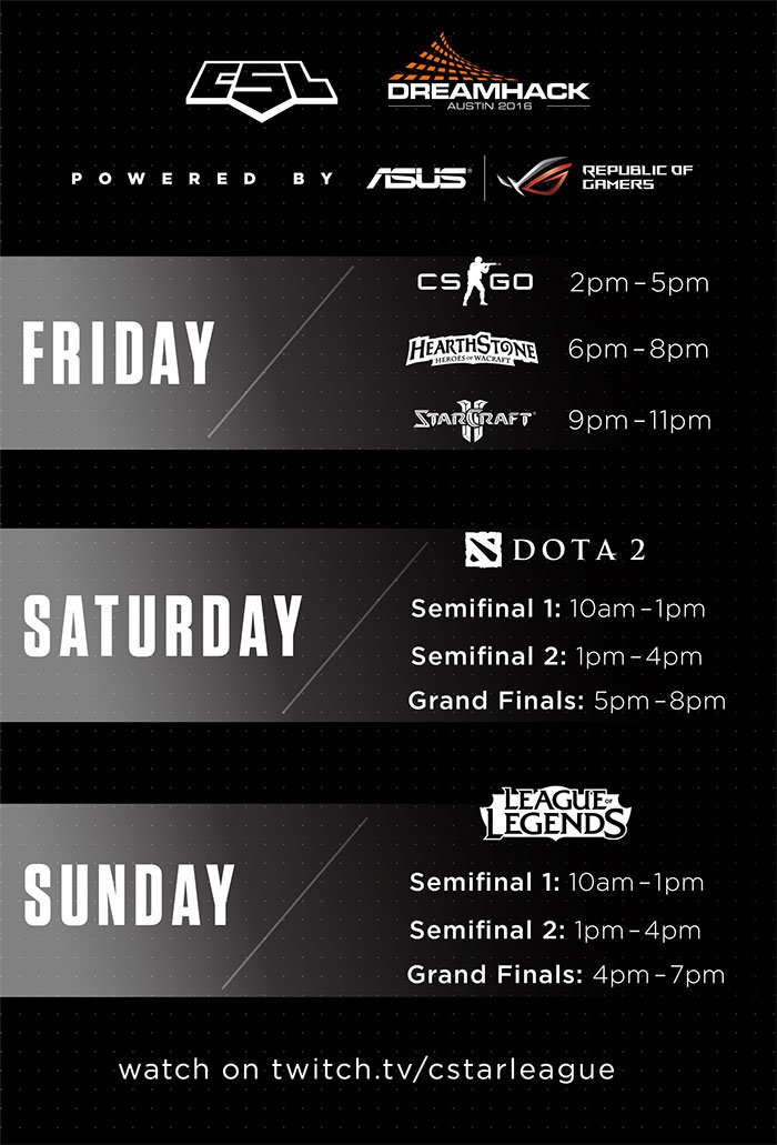 ASUSUSA's tweet photo. #Dota2 semifinals happening now @CStarleague https://t.co/g31TrQmOKu #Dreamhack #ROGDH #DHATX16 https://t.co/jcbK8eOB8T