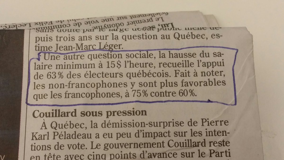 davidrankin's tweet photo. Buried in coverage of new Léger poll. 63% of Quebecers support $15 min wage. For non-francos support jumps to 75%! https://t.co/31ycNI0DrL