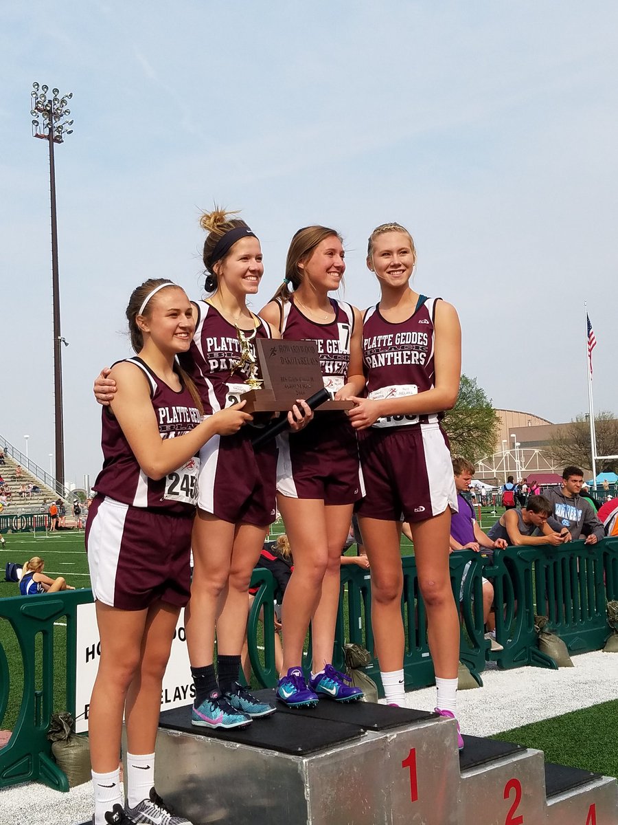 DakotaRelays's tweet photo. Your winners in the HS Girls 4x400m relay is Platte-Geddes HS with a time of 4:13.66! https://t.co/fPEUfdP1yk
