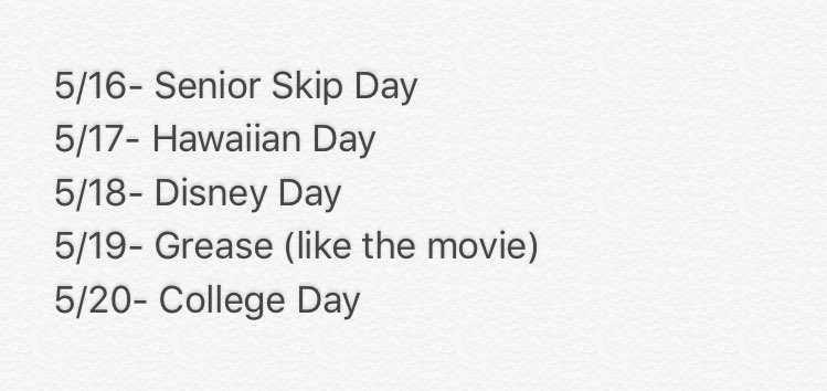 bradfordclass16's tweet photo. Based on the days that were approved, SENIOR spirit week will the week after prom, and these are the days!!🎓🎓 https://t.co/OUaIJj8apS