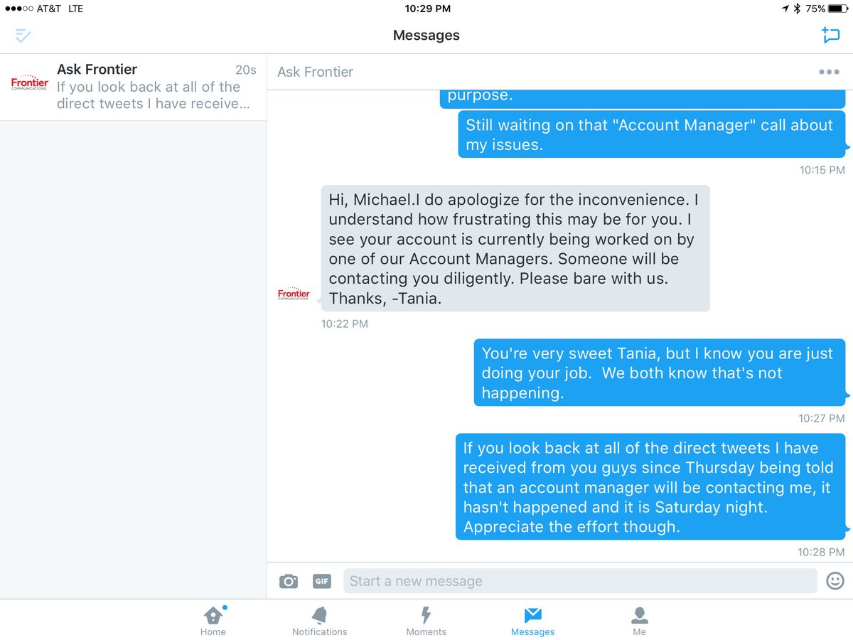Mthum's tweet photo. @DaveLieber @FrontierCorp Love how Tania reaches out. Seen same message about account manager since Thursday. https://t.co/jE7wM9kfIC