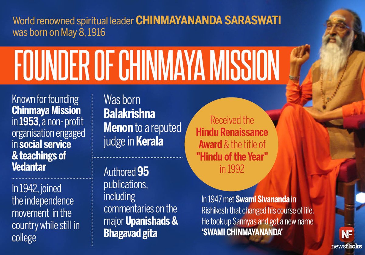 newsflicks's tweet photo. Teacher & spiritual leader Swami Chinmayananda was born on this day 100 years ago https://t.co/7WfSIMhLbH
