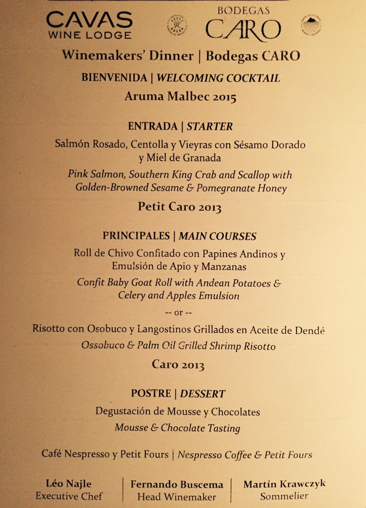 Vinos increíbles de Bodegas CARO en la Winemaker's dinner de Cavas Wine Lodge!