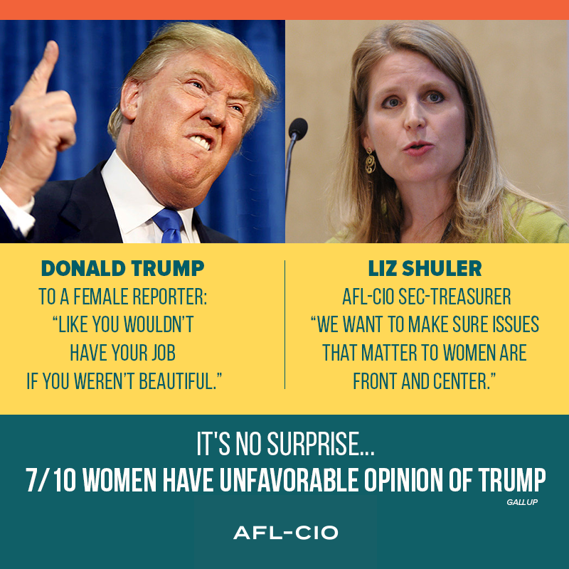 AFLCIO's tweet photo. RT if you're one of the 7 out of 10 women who have an unfavorable view of @RealDonaldTrump. #1uWomen https://t.co/6HnLBWWWyC