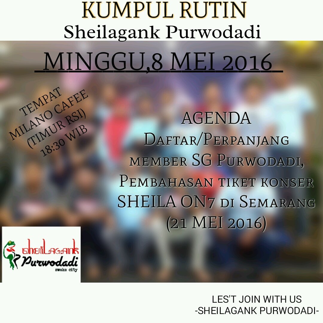 Pagi gank,
Minggu ini kita ada kumpul rutin bulanan loh,
Gabung bersama kami yuk.
#sheilaon7 
#sheilagank