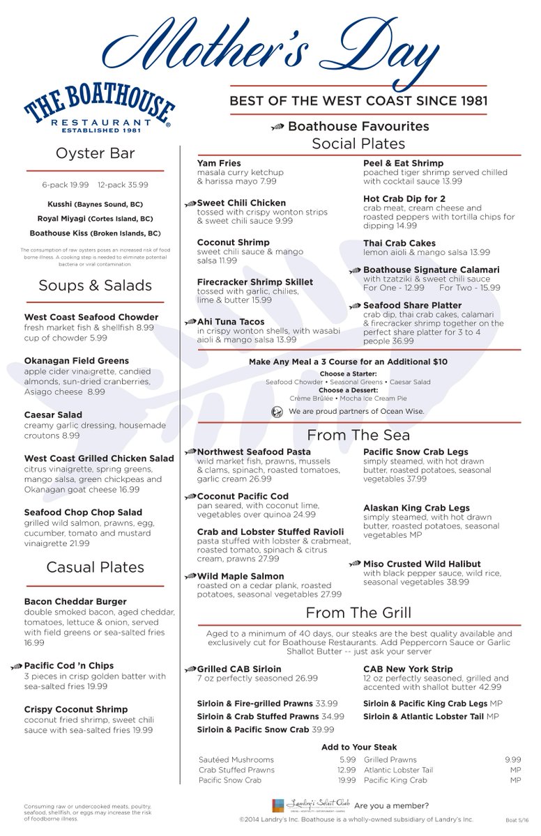 BoathouseBC's tweet image. We have a special dinner menu for #MothersDay! Come celebrate your #amazing #mothers with an oceanside meal!
