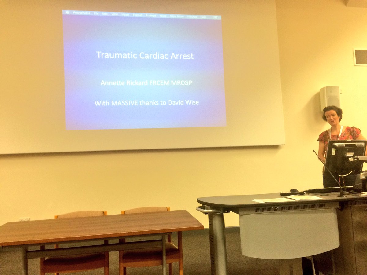 PenEMTC2016's tweet image. Dr Annette Rickard speaking on traumatic cardiac arrest #PHCP16