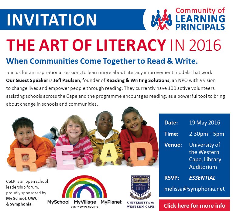 CitzenLeaderLab's tweet photo. THE ART OF LITERACY IN 2016 > 19 May > “When Communities Come Together to Read & Write”. Join @MySchoolSA @CoLP_SA https://t.co/aTP3eryyDG
