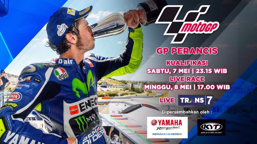 TRANS7's tweet image. Memulai race dari posisi ketujuh, mampukah @ValeYellow46 menjuarai #FranceGP
@YamahaIndonesia @KYTHelmet