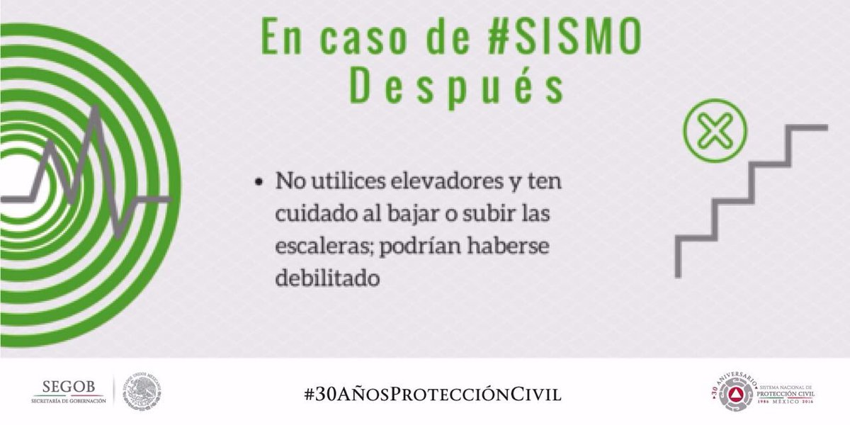 Después de un #Sismo no utilices elevadores y ten cuidado al bajar o subir las escaleras podrían haberse debilitado