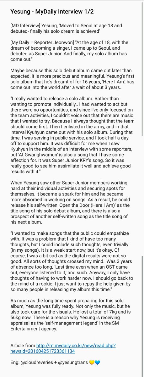 CLOUDSYESUNG_'s tweet photo. [cr : @yesungtrans + @cloudreveries 💛]
#Yesung - MyDaily Interview 💙 https://t.co/EHICKrvmxJ