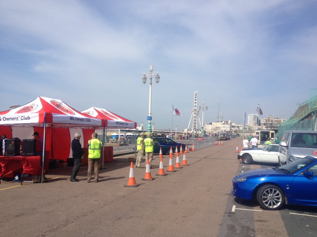 Glorious day on #Brighton sea front. All set up waiting to welcome the first cars on the Final #RegencyRun! #MGOC