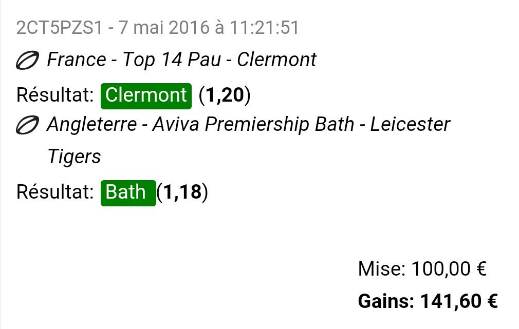 Easy__Pronos's tweet image. #TICKETDUJOUR VALIDE

#Rugby

🏈 ASM Clermont 1.20 ✔
➕
🏈 Bath 1.18 ✔

➡CÔTE: 1.42 ✔

#ParionsSport