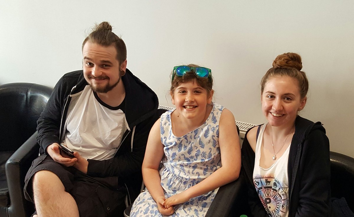 Molly, Abigail and Moll's boyfriend Josh in Exeter today.