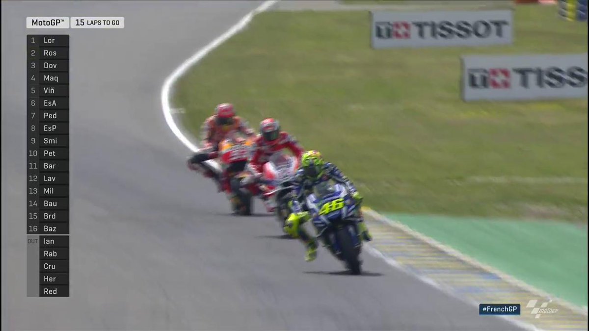 MotoGP's tweet photo. Man on the move! @ValeYellow46 takes Marquez and gets past Dovizioso shortly after... 

14 laps. #FrenchGP https://t.co/hTTJBErrK2