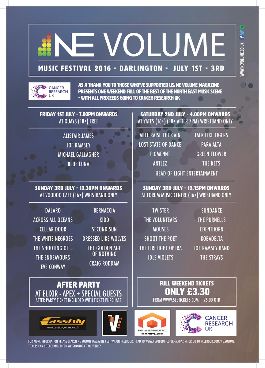 So we're proud to announce the full lineup for our #Darlington 3 day festival. 35+ bands! nevolume.co.uk/news/338