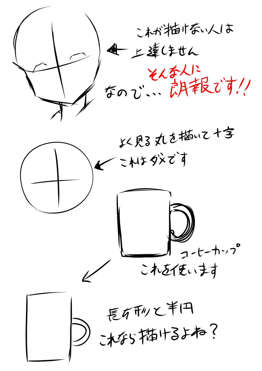 ゼロ 芸術は爆発だ Sur Twitter まさかマグカップで顔が描けるなんて 謎 誰でもキャラの輪郭が描ける様になる魔法講座にゃー すばるさん式輪郭の描き方 初心者編 すばるさん企画イラスト向上委員会