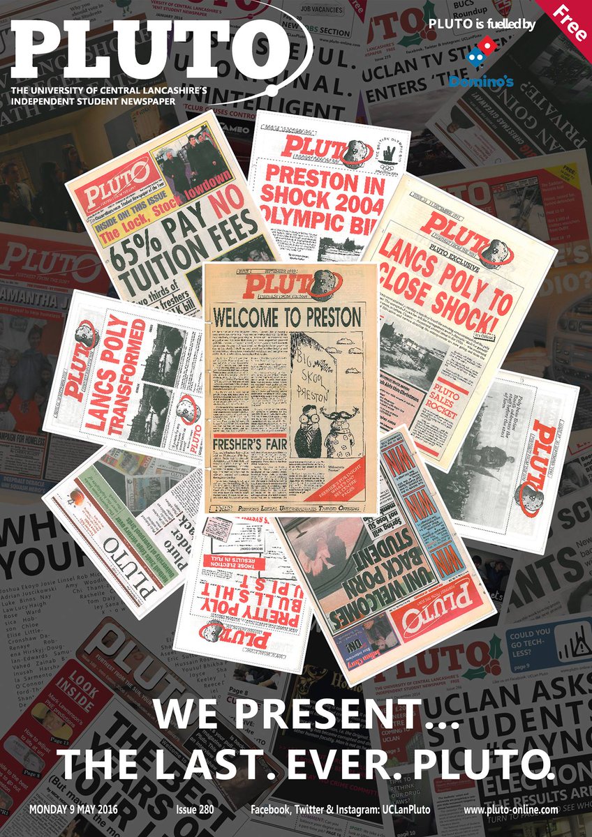 PulseMediaUCLan's tweet photo. Preview: Tomorrows front page “We present… The Last. Ever. Pluto.” 

Find a copy in university tomorrow! https://t.co/6M4DiXcpuE