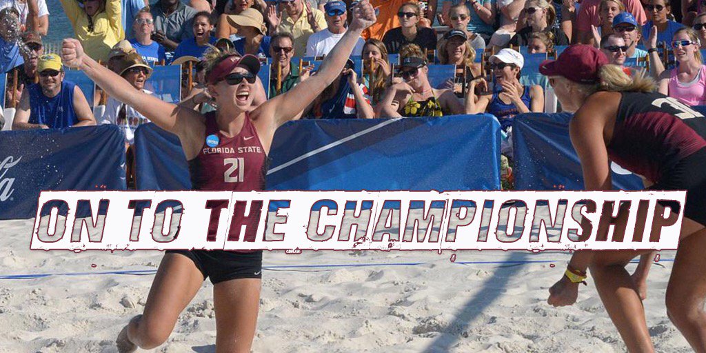 FSU_BeachVB's tweet photo. #Noles advance to the national championship and will face Southern Cal at 1 pm CT. TV on TBS #NCAABeachVB https://t.co/6j3QsvDHbh